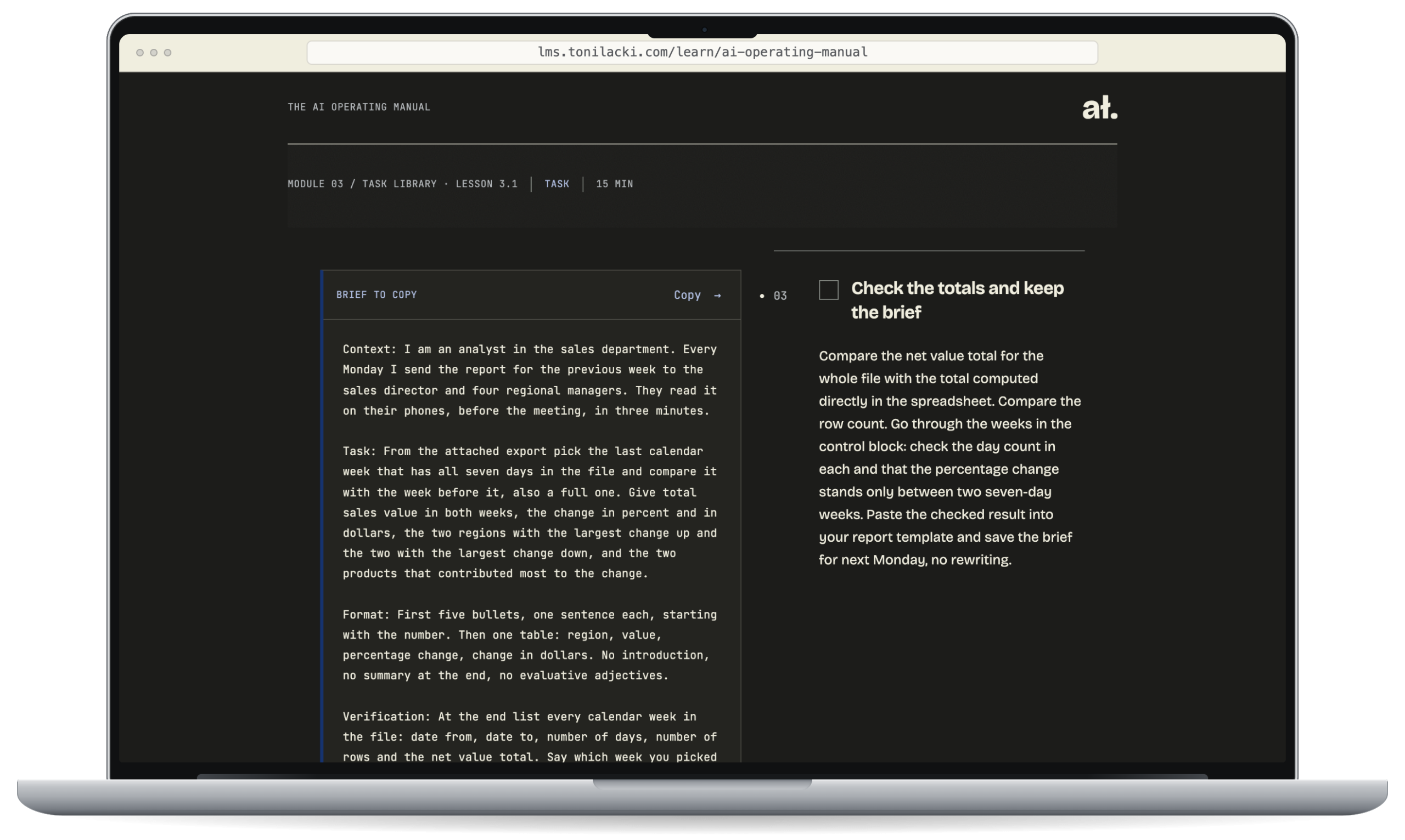 A lesson from The AI Operating Manual open on a laptop: a brief for a weekly report with context, task, format and a check, plus the result-checking step.